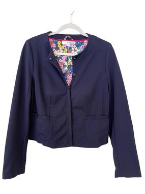 Boden Collarless Blazer Sz 12 Navy Blue Cotton Blend Stretch Snap-Front Casual